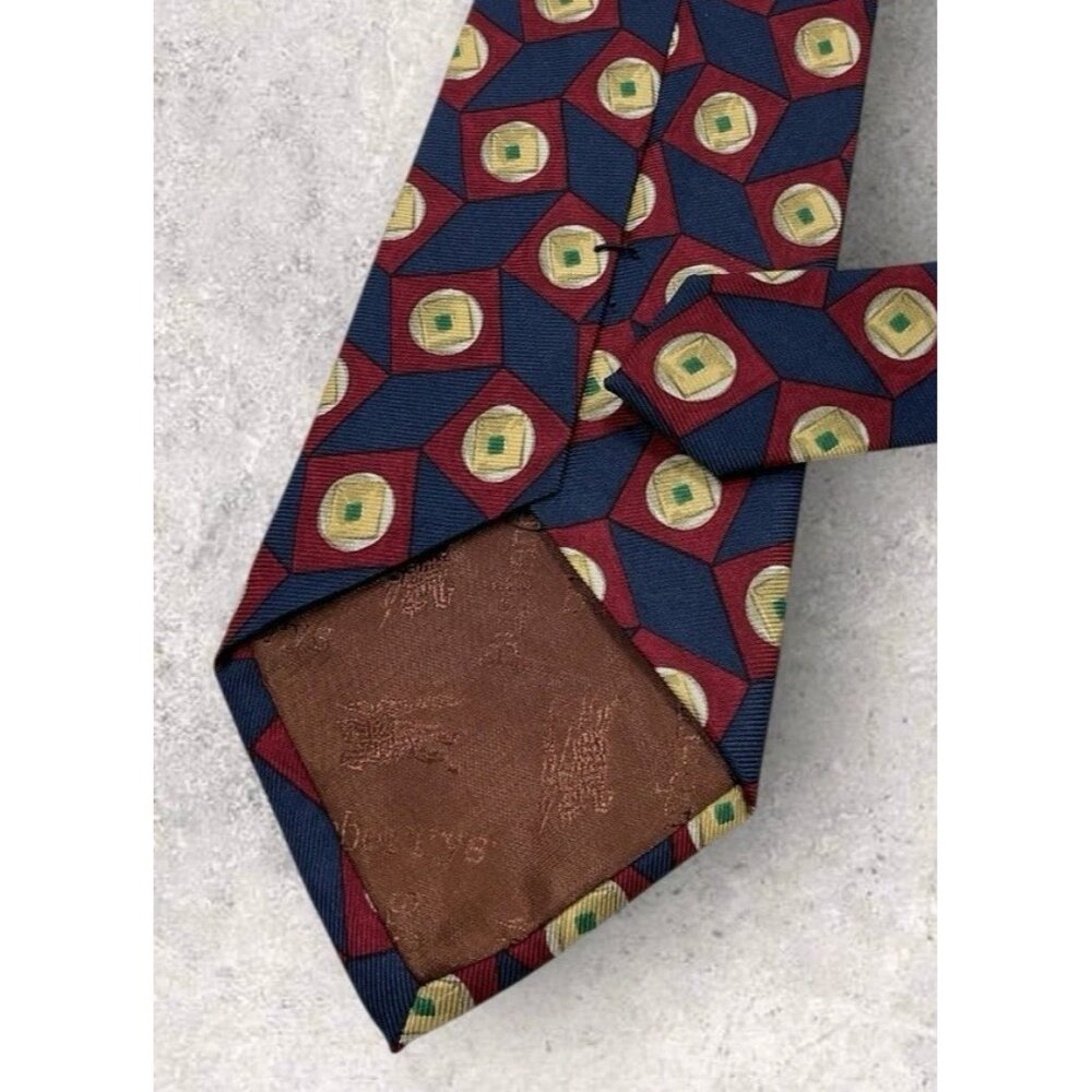 NEW BURBERRYS Silk Tie USA Blue Burgundy Gold Geometric W:3.8" - Picture 6 of 7